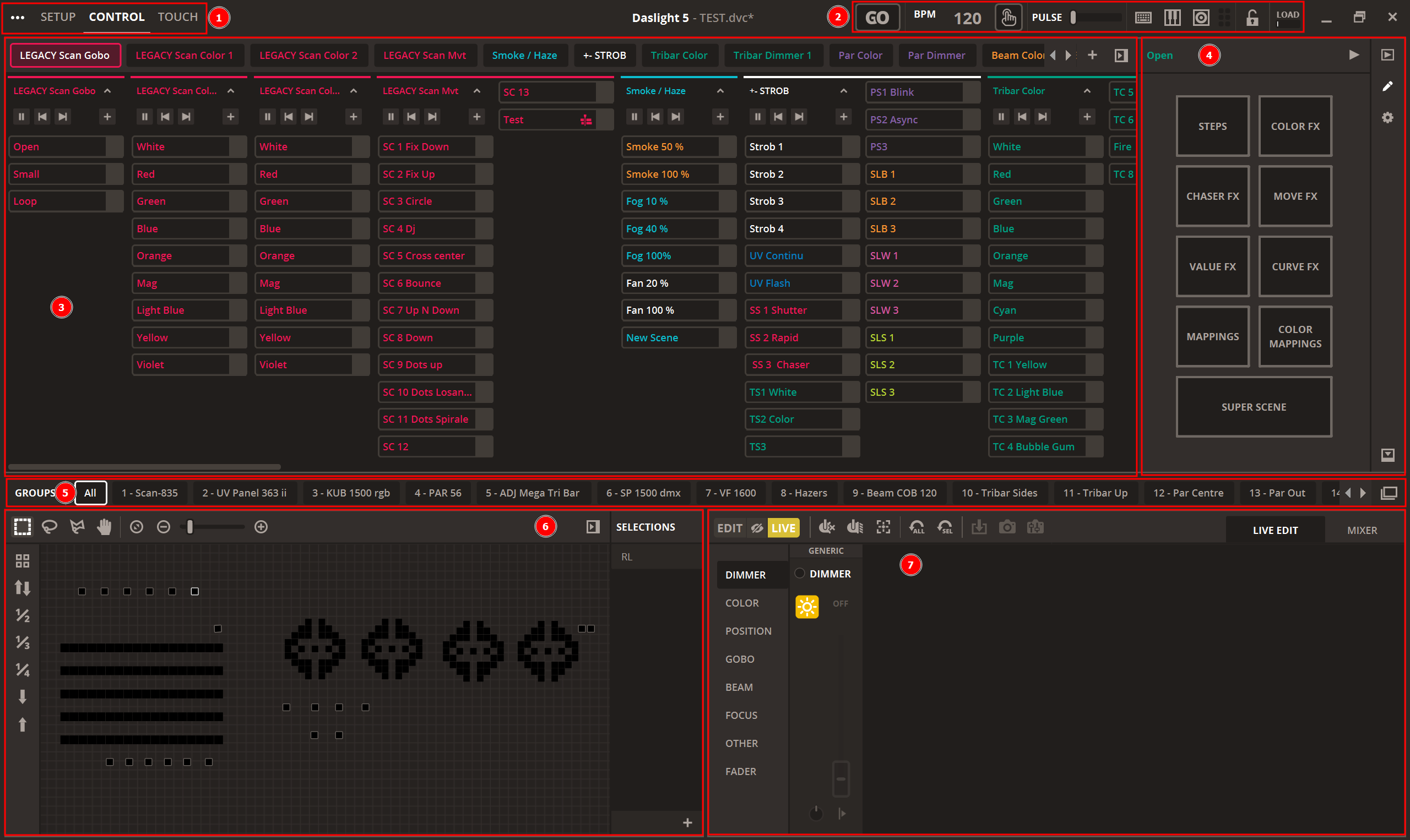 Interface de l'onglet Control